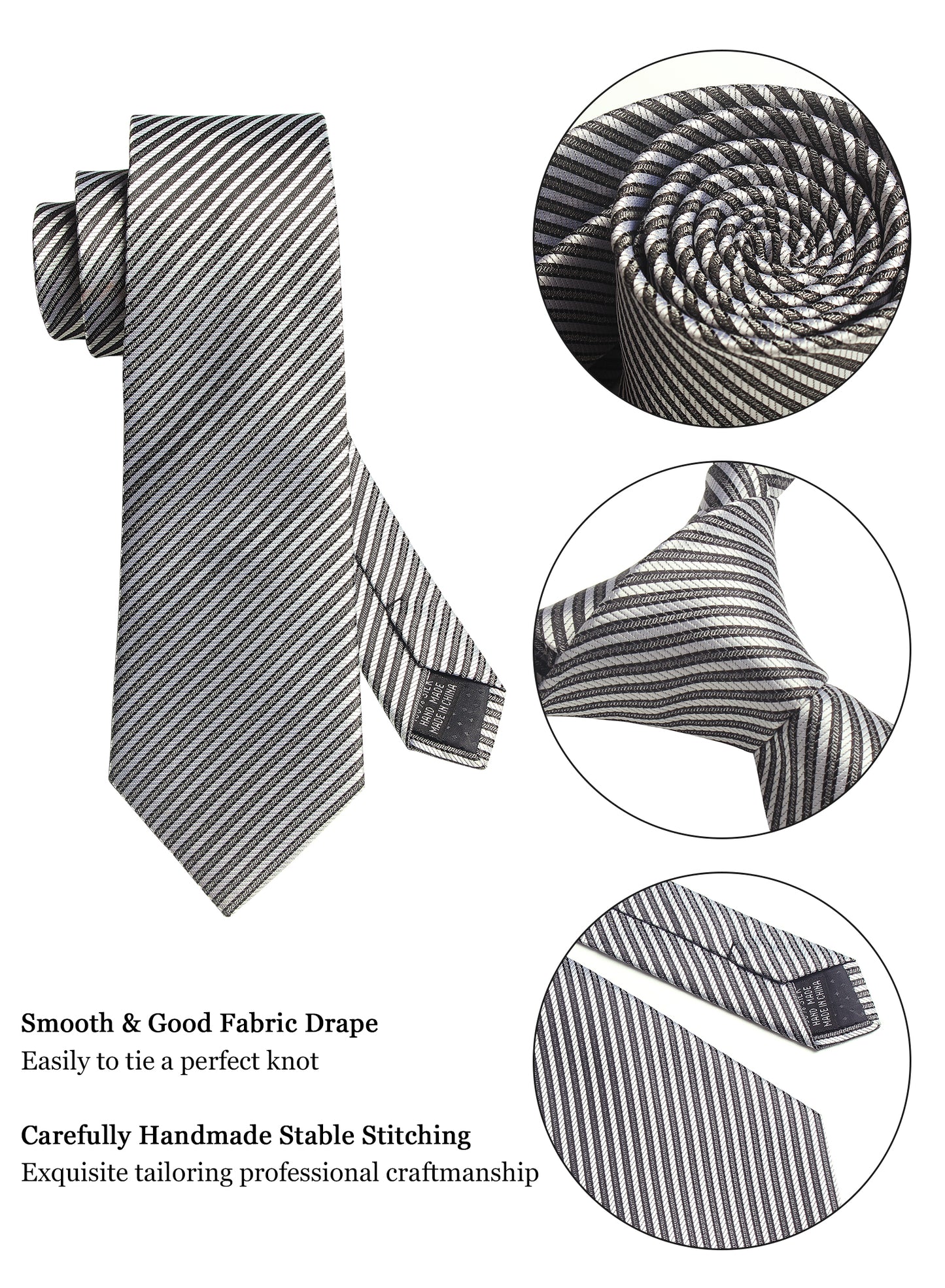 CWKOON Striped White Grey Mens Tie Formal Necktie Pocket Squares Ties Clips Cufflinks Classic for Men Gift Box Set