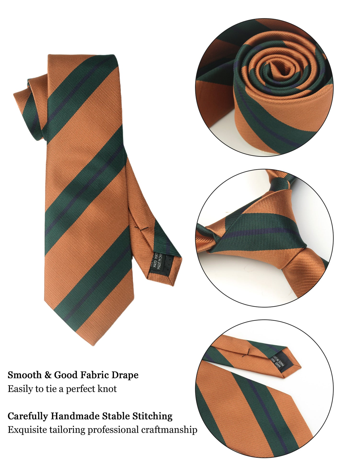 CWKOON Striped Green Brown Mens Tie Formal Necktie Pocket Squares Ties Clips Cufflinks Classic for Men Gift Box Set