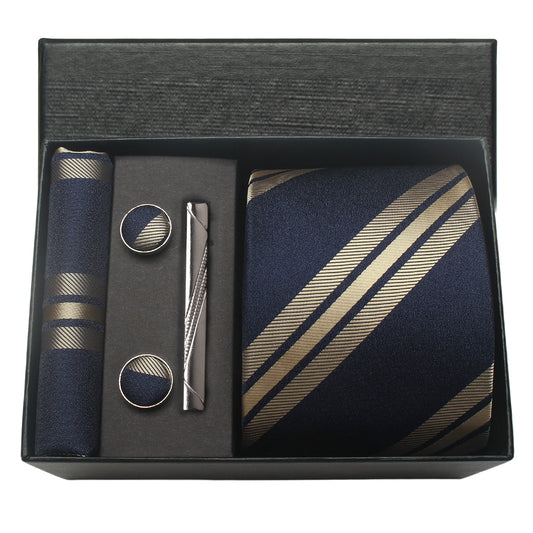 CWKOON Striped Beige Navy Blue Mens Tie Formal Necktie Pocket Squares Ties Clips Cufflinks Classic for Men Gift Box Set