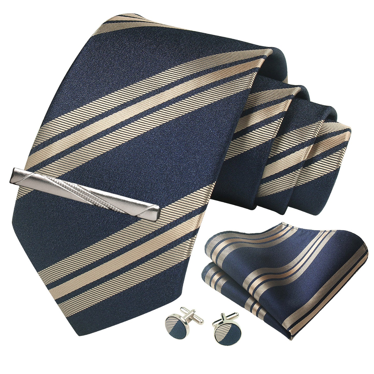 CWKOON Striped Beige Navy Blue Mens Tie Formal Necktie Pocket Squares Ties Clips Cufflinks Classic for Men Gift Box Set