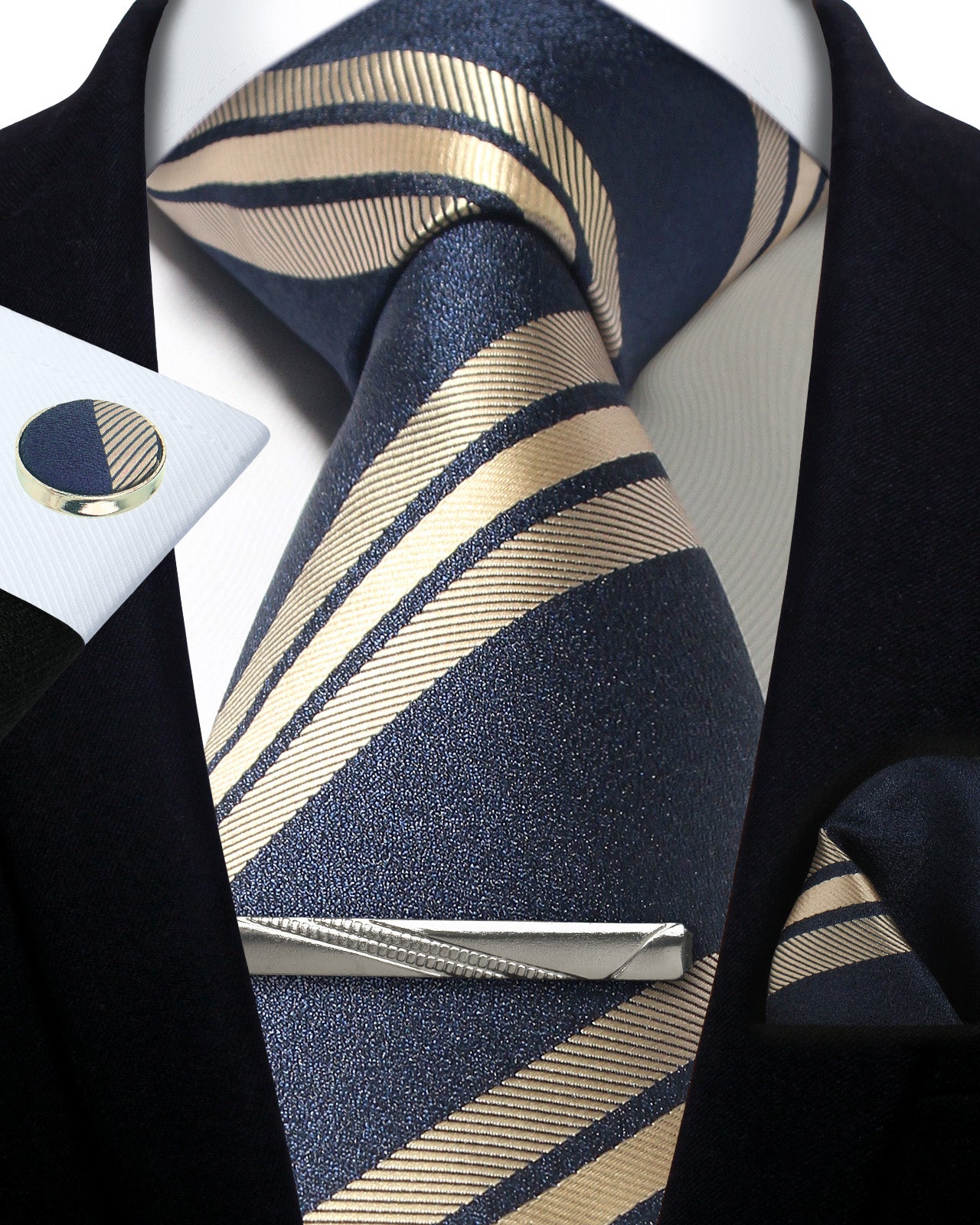 CWKOON Striped Beige Navy Blue Mens Tie Formal Necktie Pocket Squares Ties Clips Cufflinks Classic for Men Gift Box Set