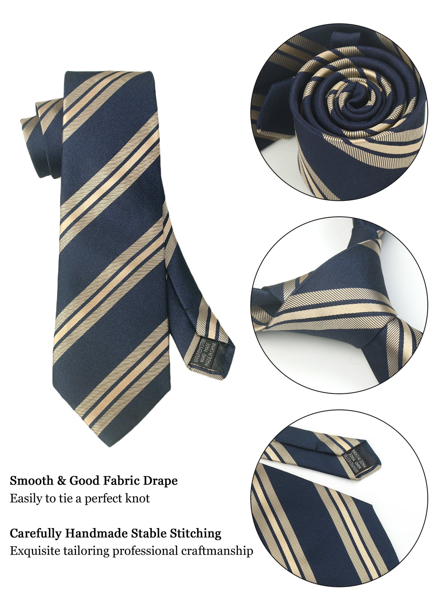 CWKOON Striped Beige Navy Blue Mens Tie Formal Necktie Pocket Squares Ties Clips Cufflinks Classic for Men Gift Box Set