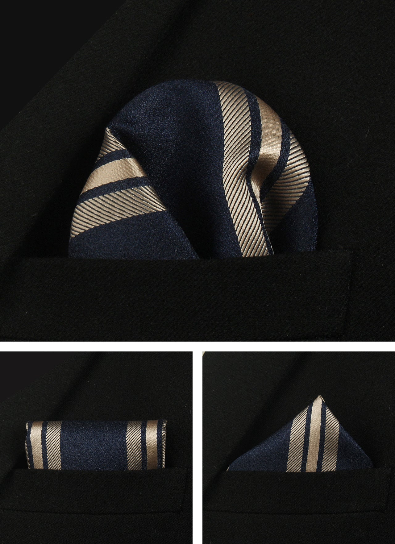 CWKOON Striped Beige Navy Blue Mens Tie Formal Necktie Pocket Squares Ties Clips Cufflinks Classic for Men Gift Box Set