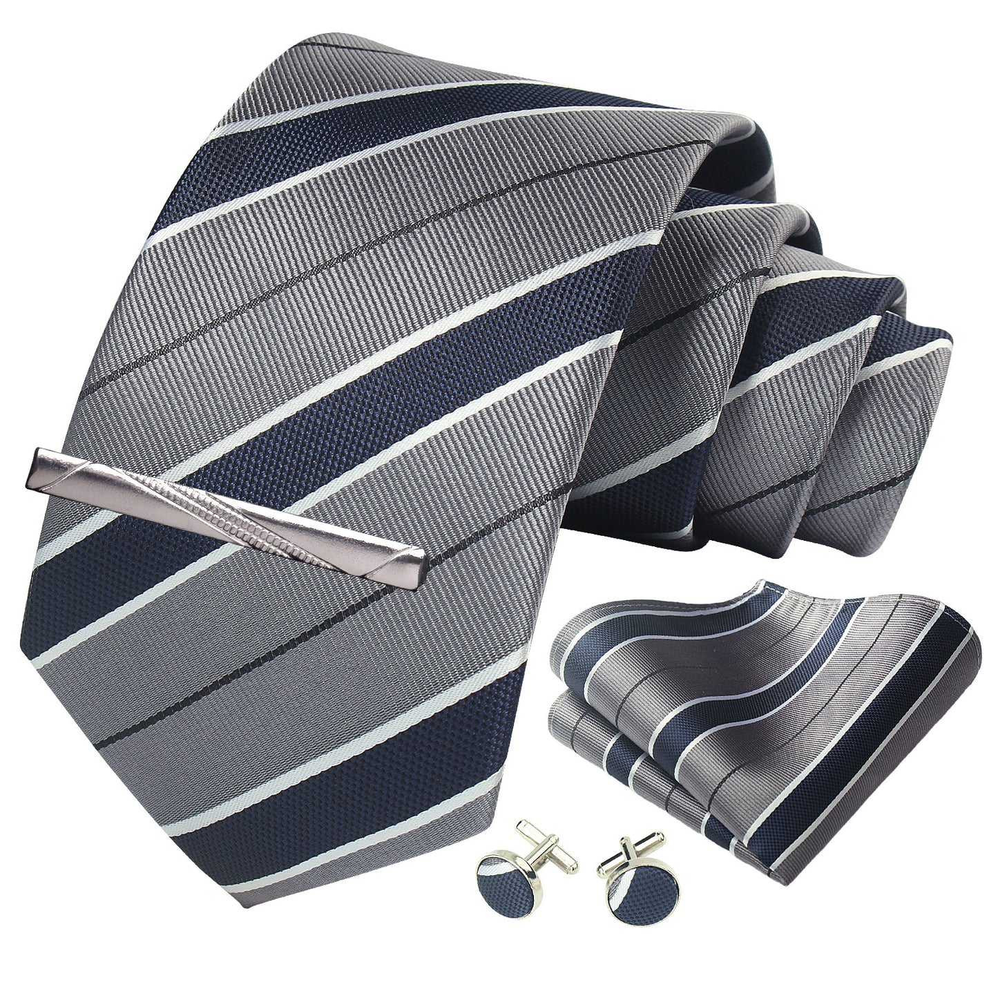 CWKOON Striped Grey Navy Blue Mens Tie Formal Necktie Pocket Squares Ties Clips Cufflinks Classic for Men Gift Box Set