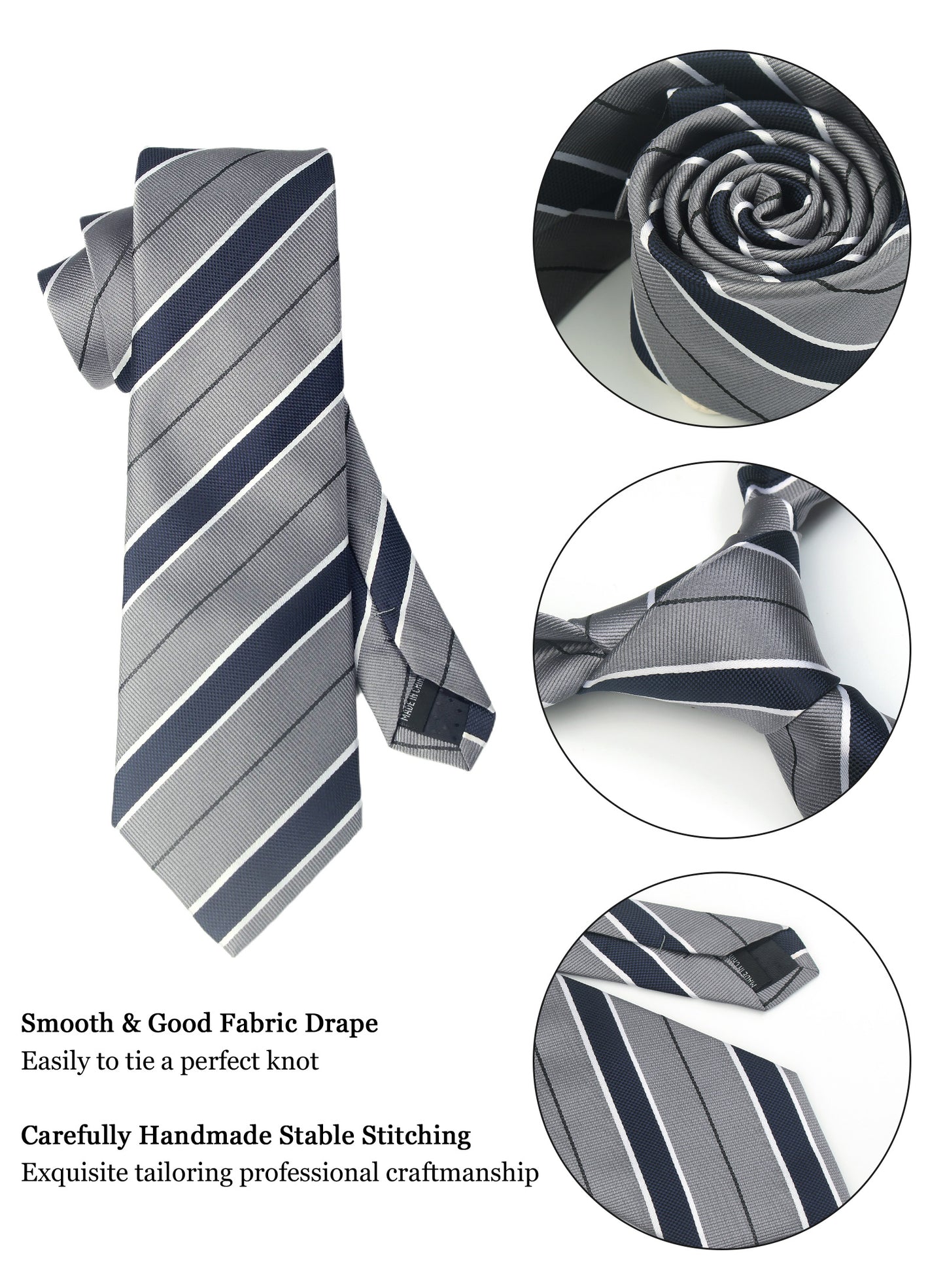 CWKOON Striped Grey Navy Blue Mens Tie Formal Necktie Pocket Squares Ties Clips Cufflinks Classic for Men Gift Box Set