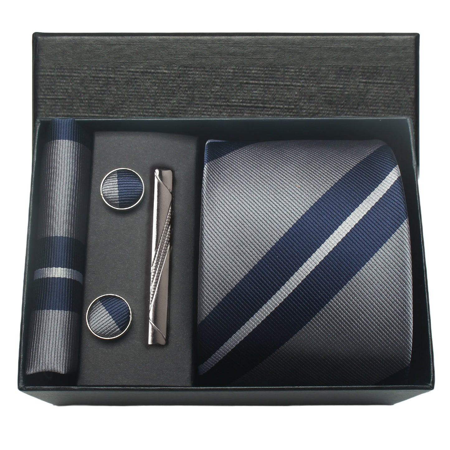 CWKOON Striped Grey Blue Mens Tie Formal Necktie Pocket Squares Ties Clips Cufflinks Classic for Men Gift Box Set