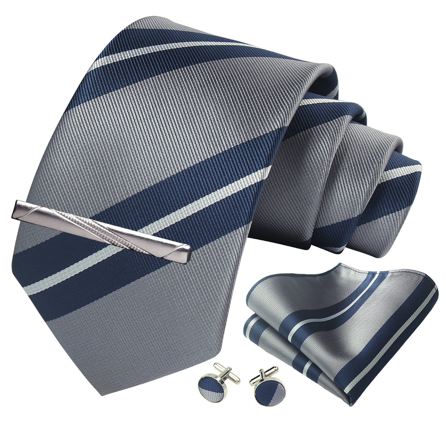 CWKOON Striped Grey Blue Mens Tie Formal Necktie Pocket Squares Ties Clips Cufflinks Classic for Men Gift Box Set