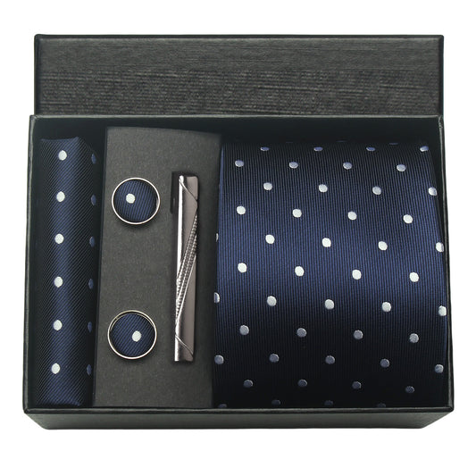 CWKOON Polka Dot Navy Blue White Mens Tie Formal Necktie Pocket Squares Ties Clips Cufflinks Classic for Men Gift Box Set