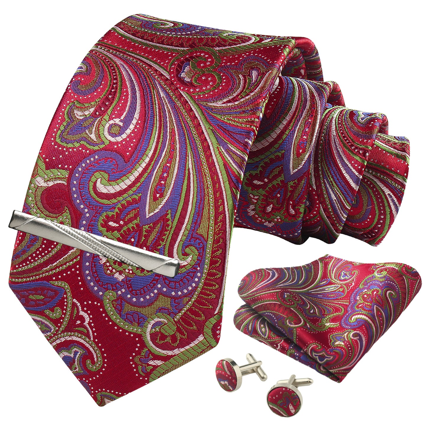 CWKOON Paisley Red Green Mens Tie Formal Necktie Pocket Squares Ties Clips Cufflinks Classic for Men Gift Box Set