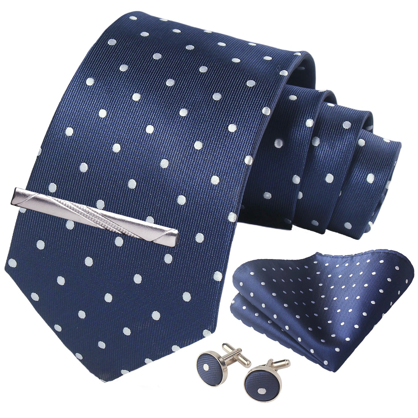 CWKOON Polka Dot Navy Blue White Mens Tie Formal Necktie Pocket Squares Ties Clips Cufflinks Classic for Men Gift Box Set