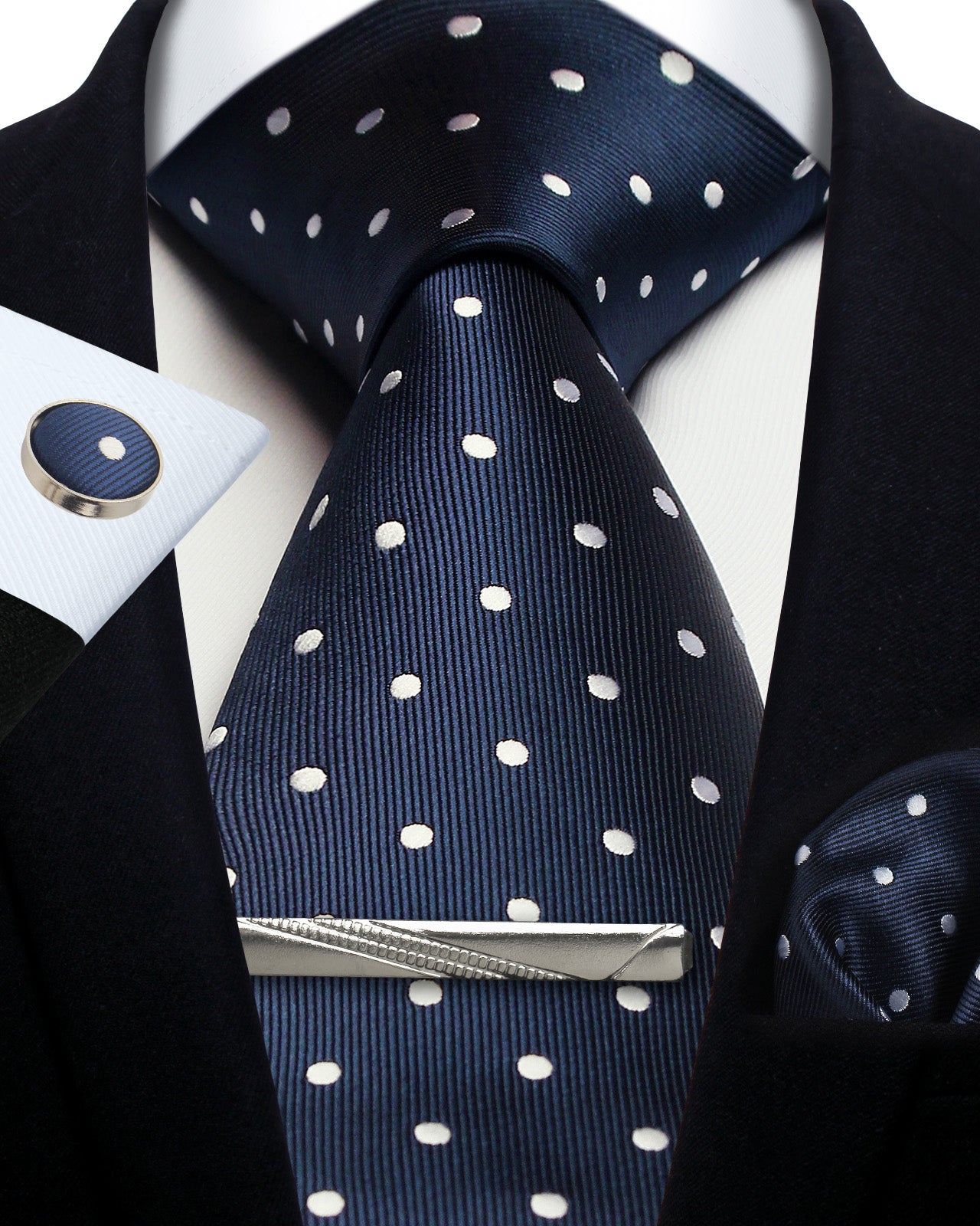 CWKOON Polka Dot Navy Blue White Mens Tie Formal Necktie Pocket Squares Ties Clips Cufflinks Classic for Men Gift Box Set