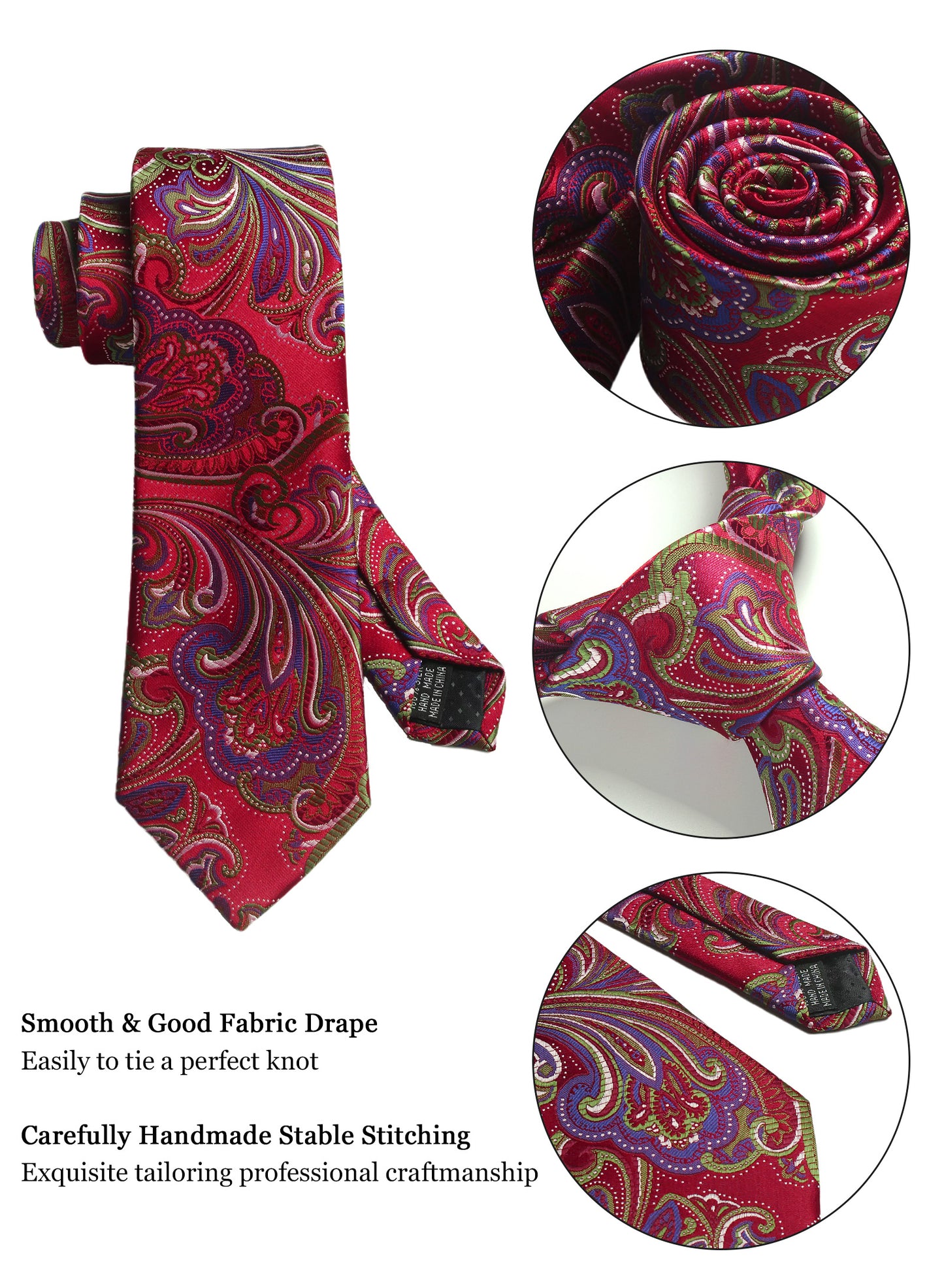 CWKOON Paisley Red Green Mens Tie Formal Necktie Pocket Squares Ties Clips Cufflinks Classic for Men Gift Box Set