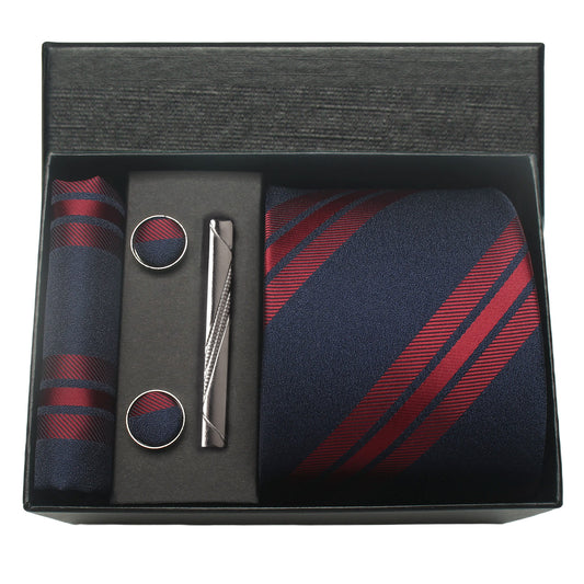 CWKOON Striped Navy Blue Red Mens Tie Formal Necktie Pocket Squares Ties Clips Cufflinks Classic for Men Gift Box Set