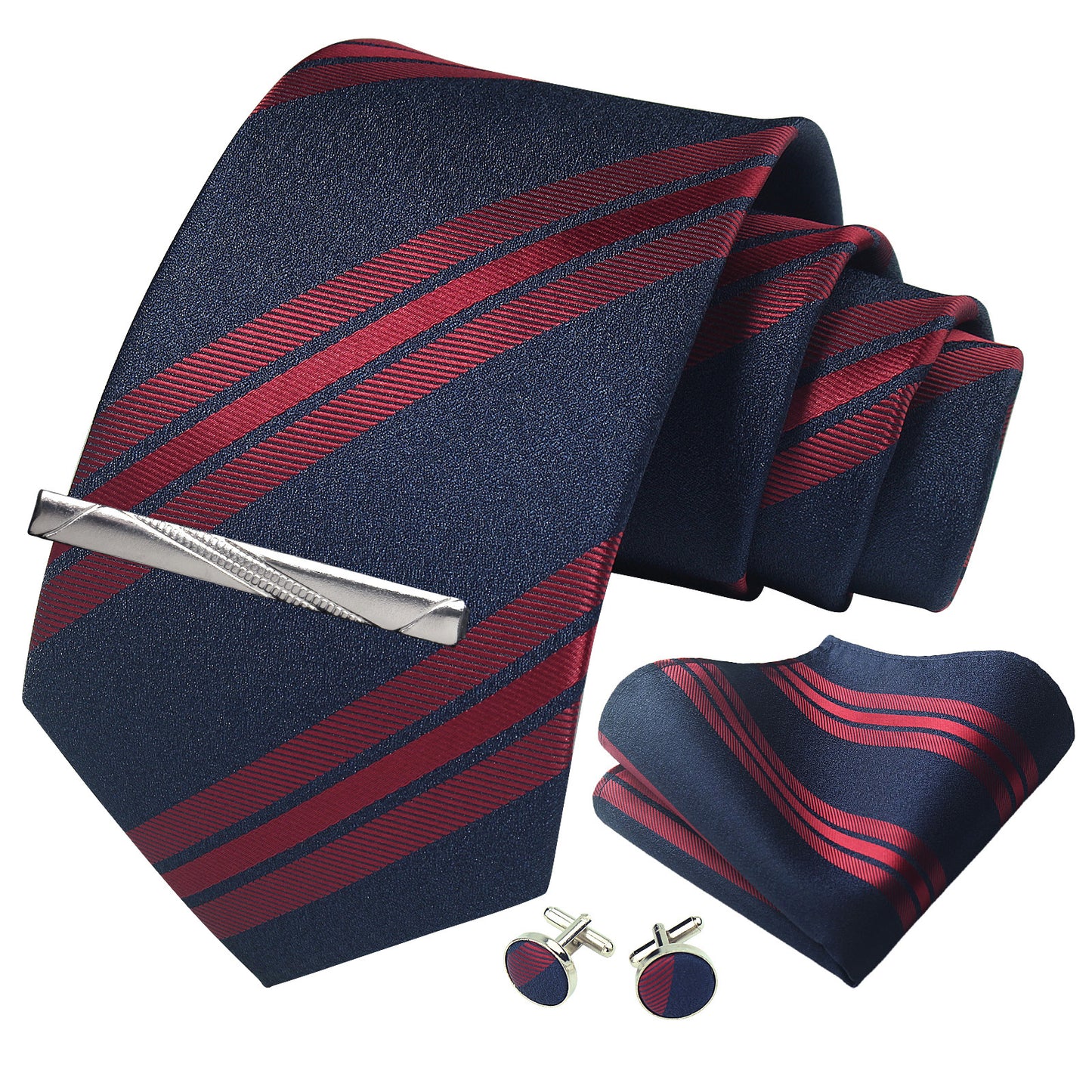 CWKOON Striped Navy Blue Red Mens Tie Formal Necktie Pocket Squares Ties Clips Cufflinks Classic for Men Gift Box Set