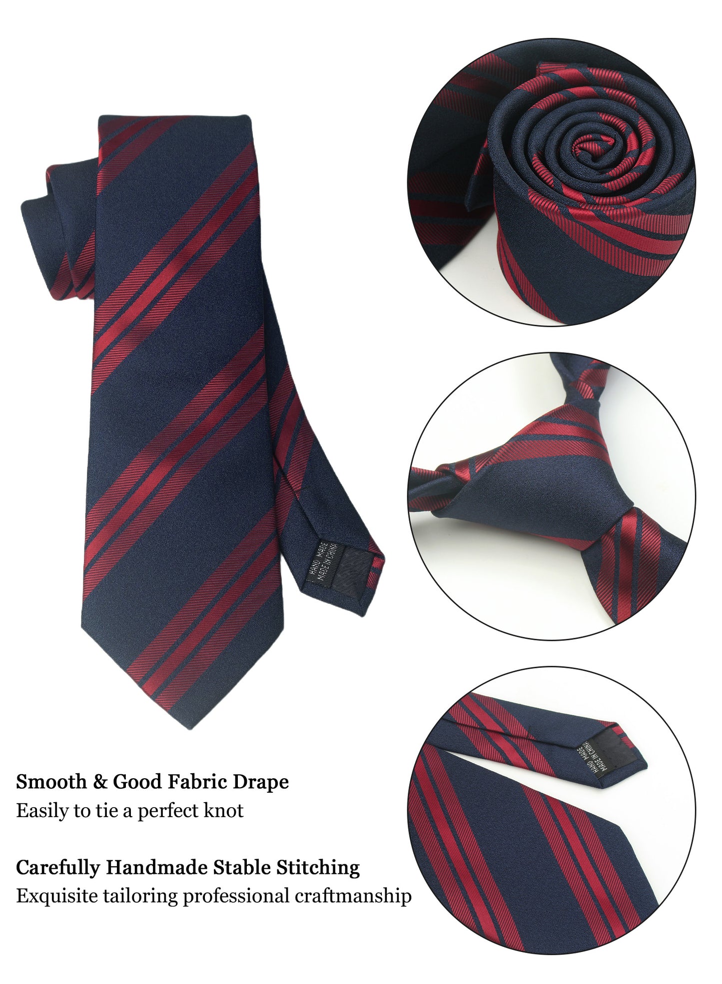 CWKOON Striped Navy Blue Red Mens Tie Formal Necktie Pocket Squares Ties Clips Cufflinks Classic for Men Gift Box Set