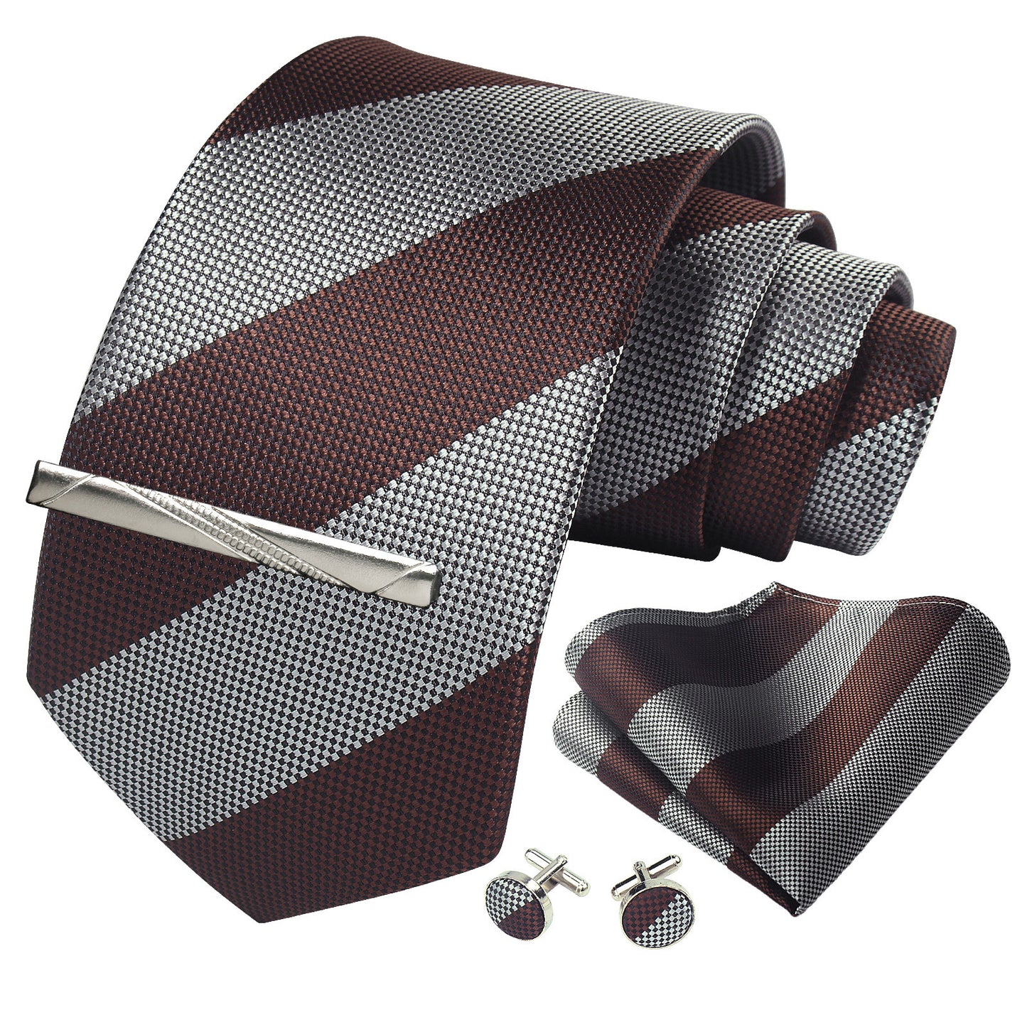 CWKOON Striped Brown Grey Mens Tie Formal Necktie Pocket Squares Ties Clips Cufflinks Classic for Men Gift Box Set