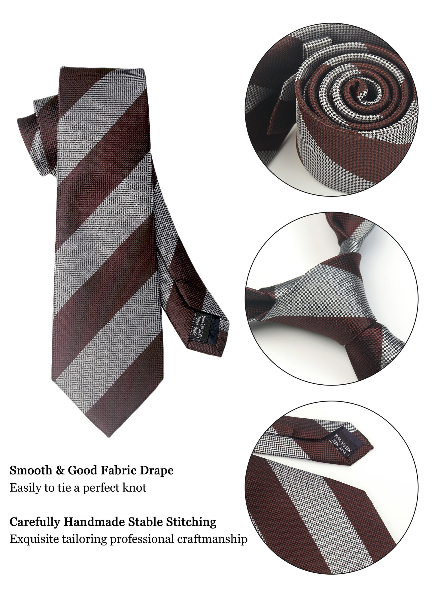 CWKOON Striped Brown Grey Mens Tie Formal Necktie Pocket Squares Ties Clips Cufflinks Classic for Men Gift Box Set