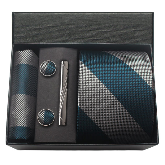 CWKOON Striped Green Grey Mens Tie Formal Necktie Pocket Squares Ties Clips Cufflinks Classic for Men Gift Box Set