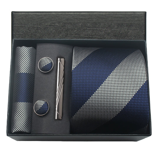 CWKOON Striped Navy Blue Grey Mens Tie Formal Necktie Pocket Squares Ties Clips Cufflinks Classic for Men Gift Box Set