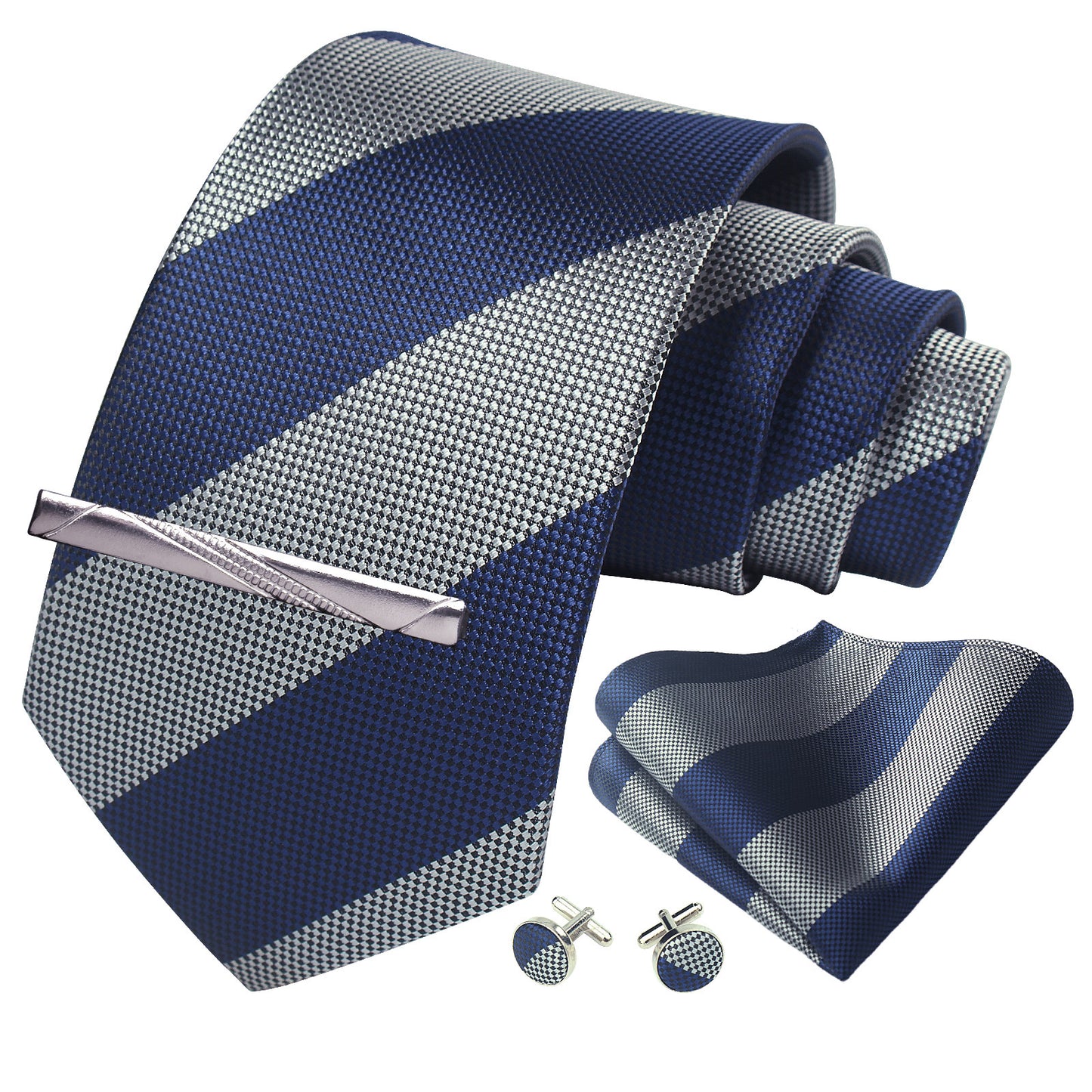 CWKOON Striped Navy Blue Grey Mens Tie Formal Necktie Pocket Squares Ties Clips Cufflinks Classic for Men Gift Box Set