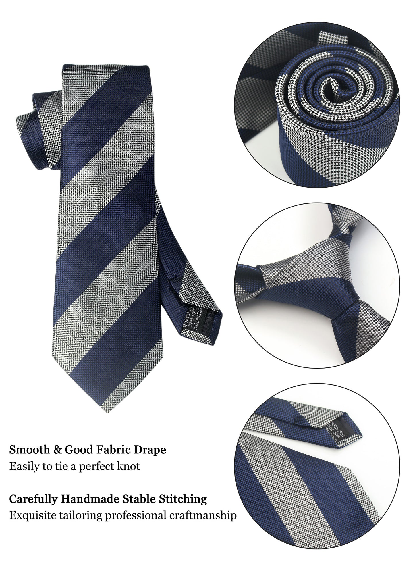 CWKOON Striped Navy Blue Grey Mens Tie Formal Necktie Pocket Squares Ties Clips Cufflinks Classic for Men Gift Box Set