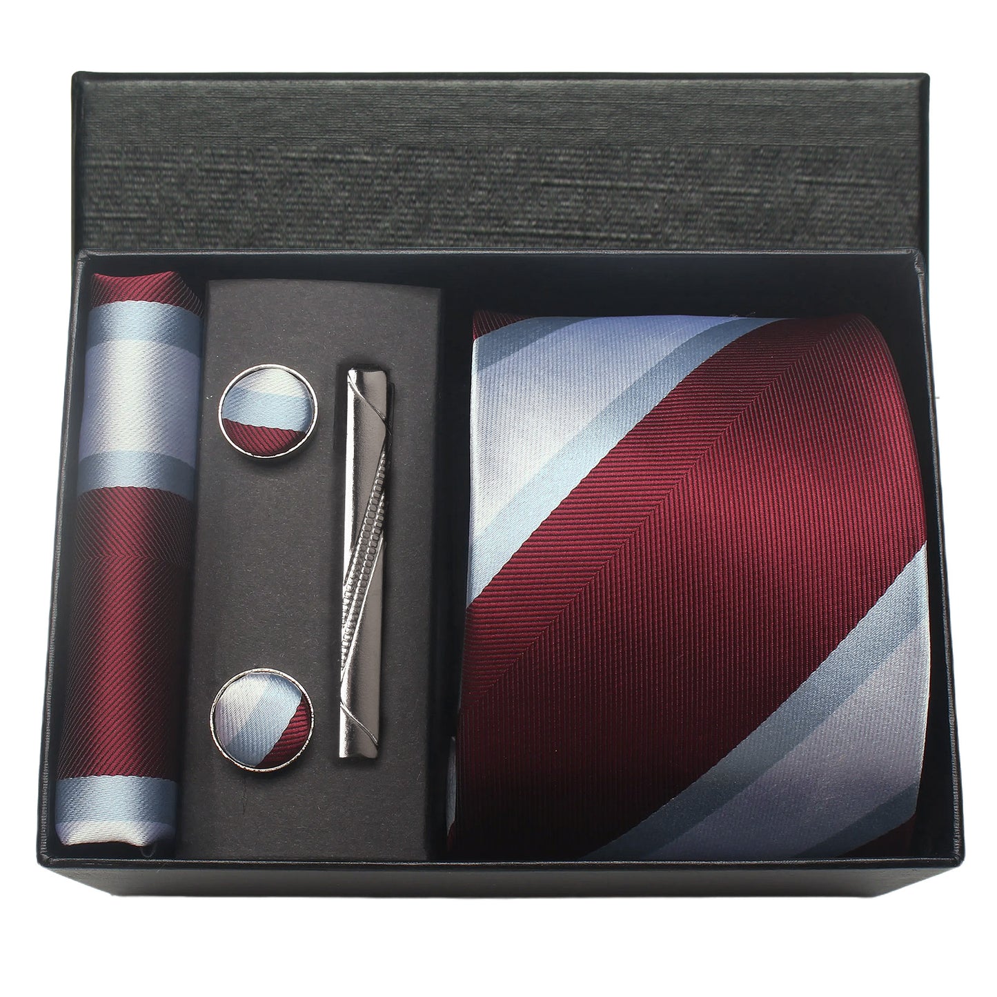 CWKOON Striped Red White Mens Tie Formal Necktie Pocket Squares Ties Clips Cufflinks Classic for Men Gift Box Set