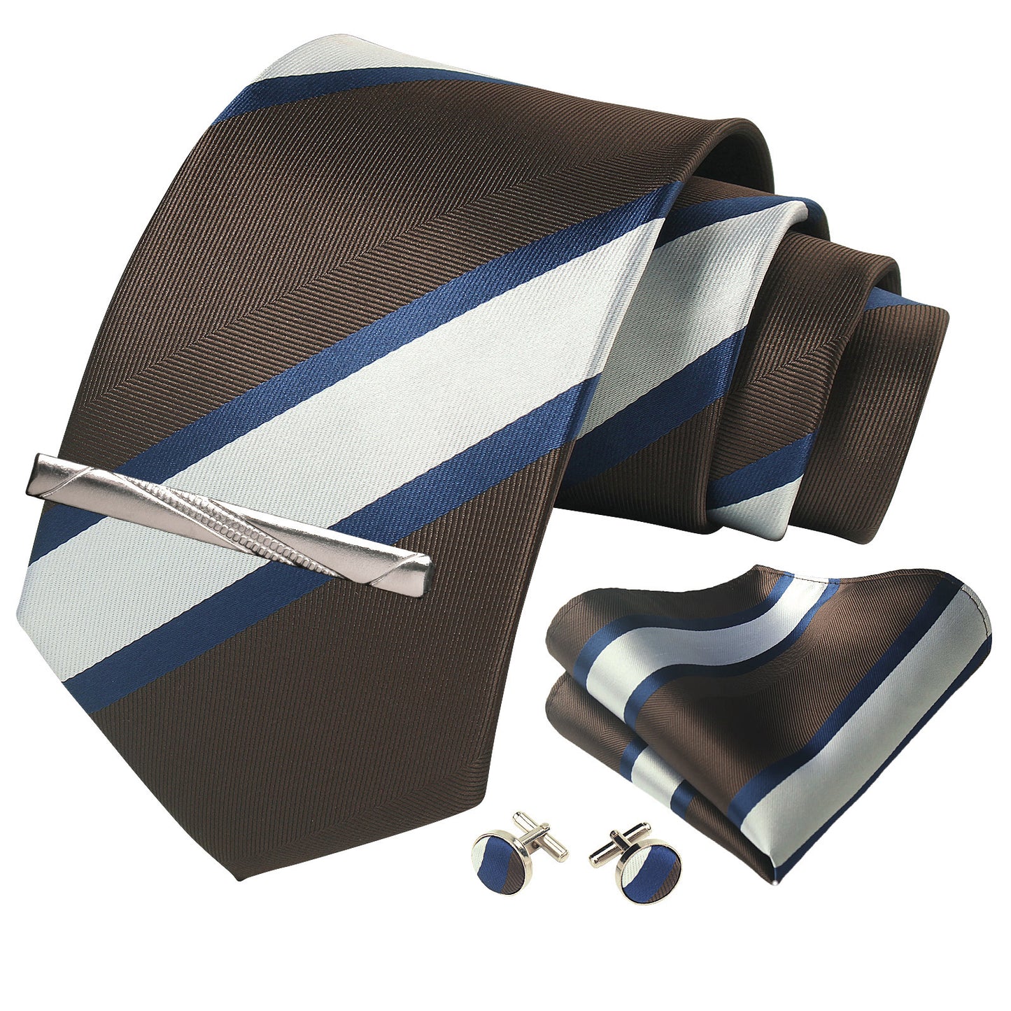 CWKOON Striped Coffee White Mens Tie Formal Necktie Pocket Squares Ties Clips Cufflinks Classic for Men Gift Box Set