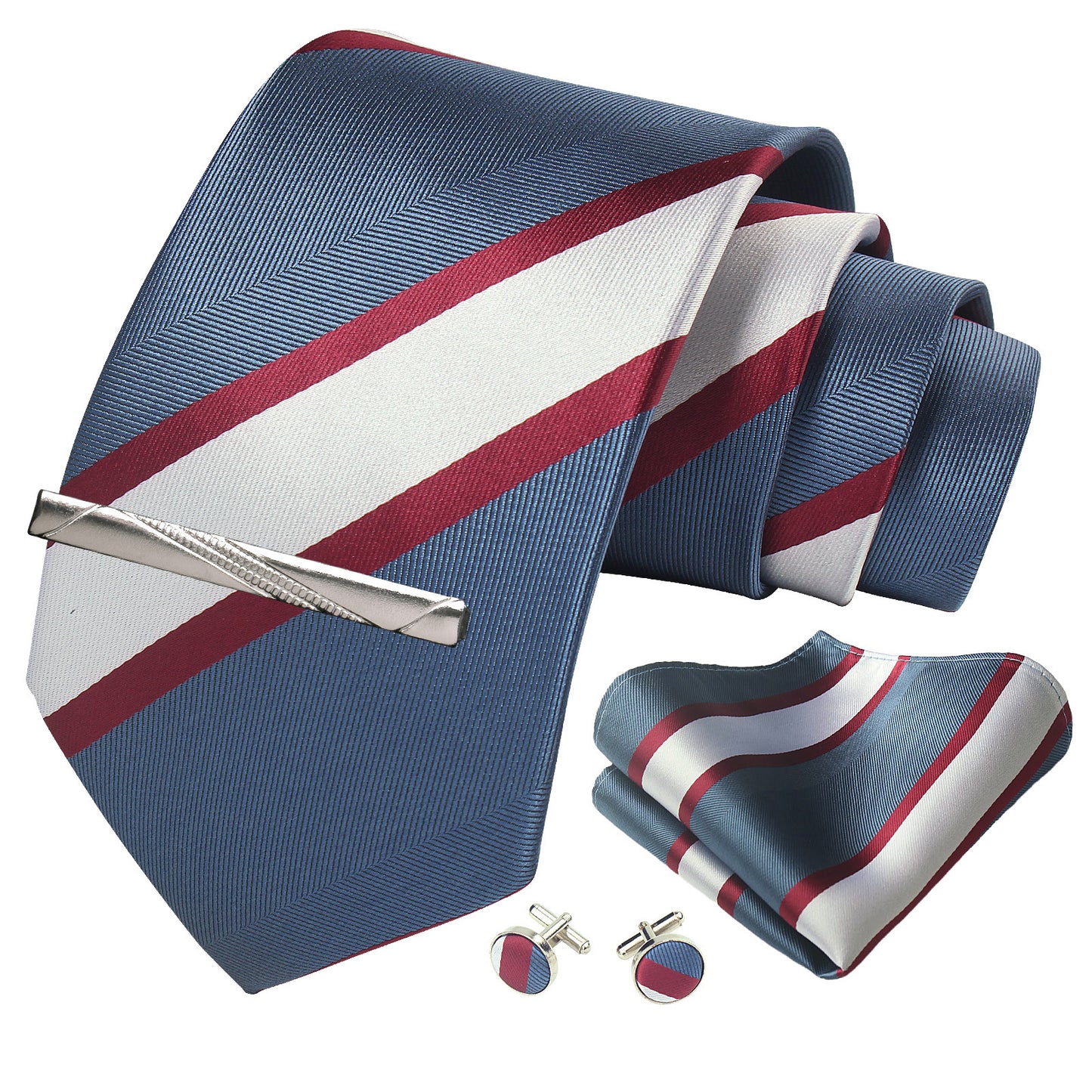 CWKOON Striped Blue White Mens Tie Formal Necktie Pocket Squares Ties Clips Cufflinks Classic for Men Gift Box Set