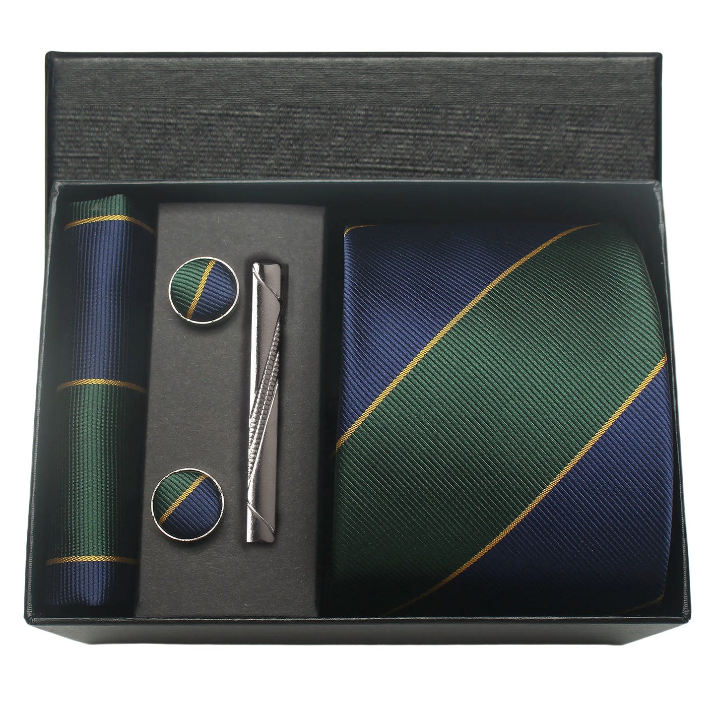 CWKOON Striped Green Navy Blue Mens Tie Formal Necktie Pocket Squares Ties Clips Cufflinks Classic for Men Gift Box Set