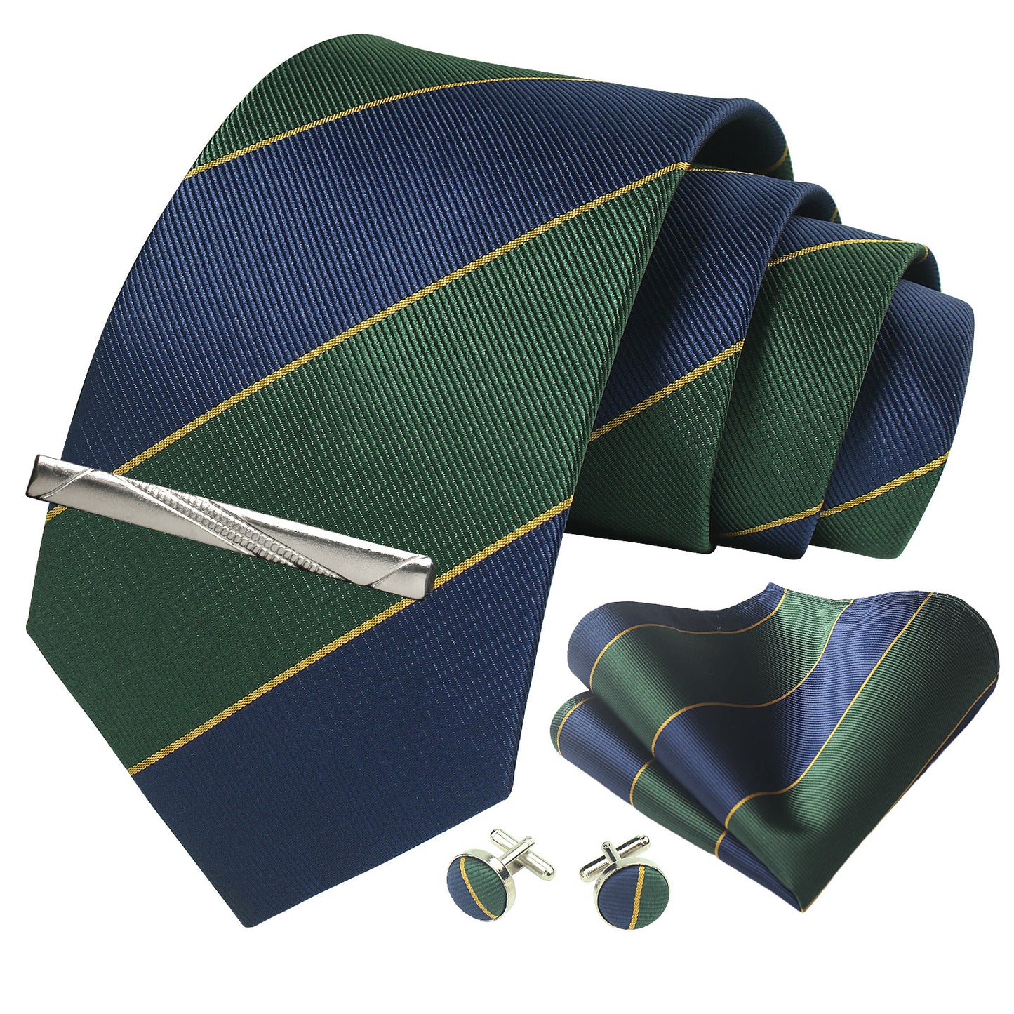 CWKOON Striped Green Navy Blue Mens Tie Formal Necktie Pocket Squares Ties Clips Cufflinks Classic for Men Gift Box Set