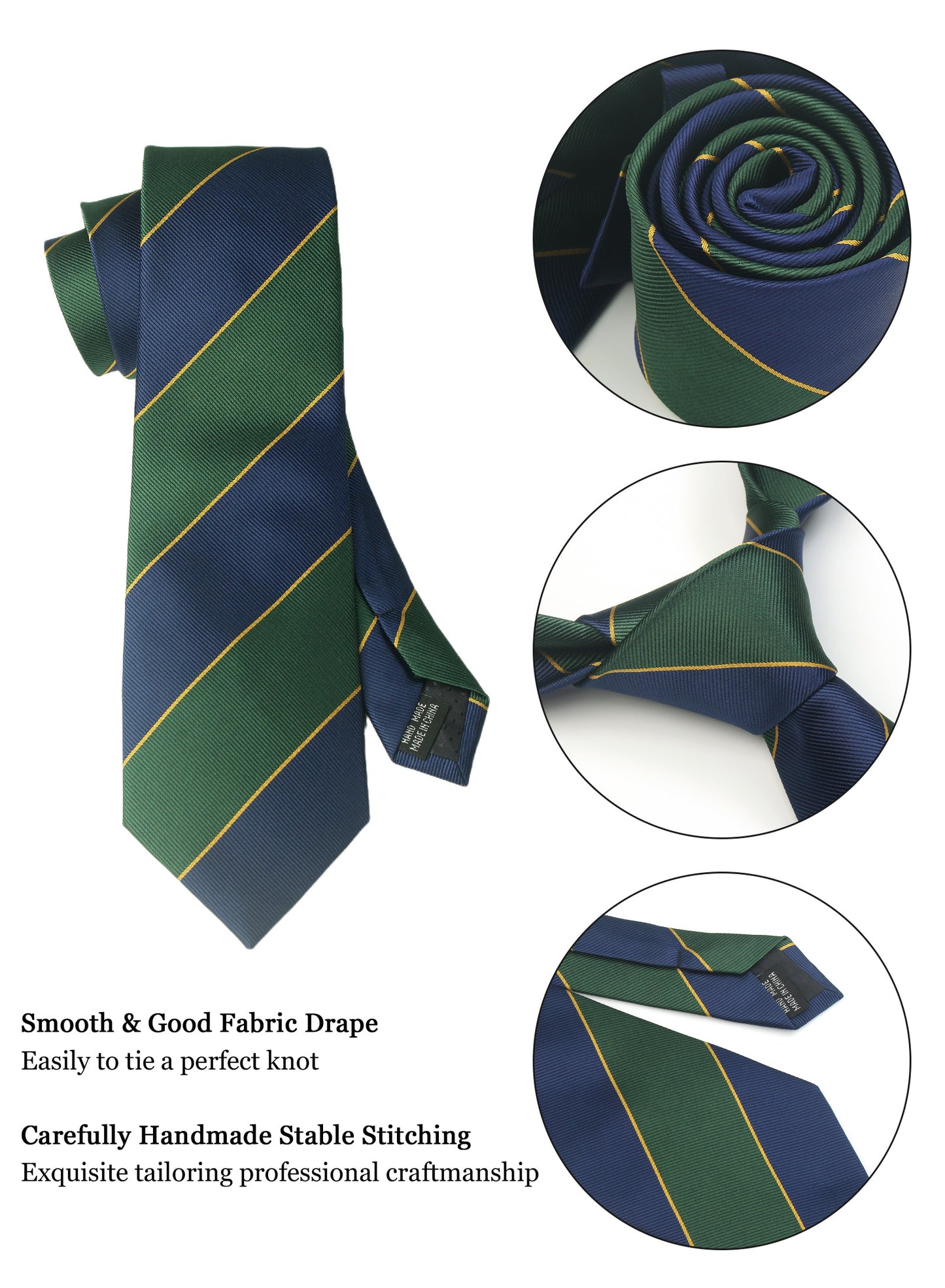 CWKOON Striped Green Navy Blue Mens Tie Formal Necktie Pocket Squares Ties Clips Cufflinks Classic for Men Gift Box Set