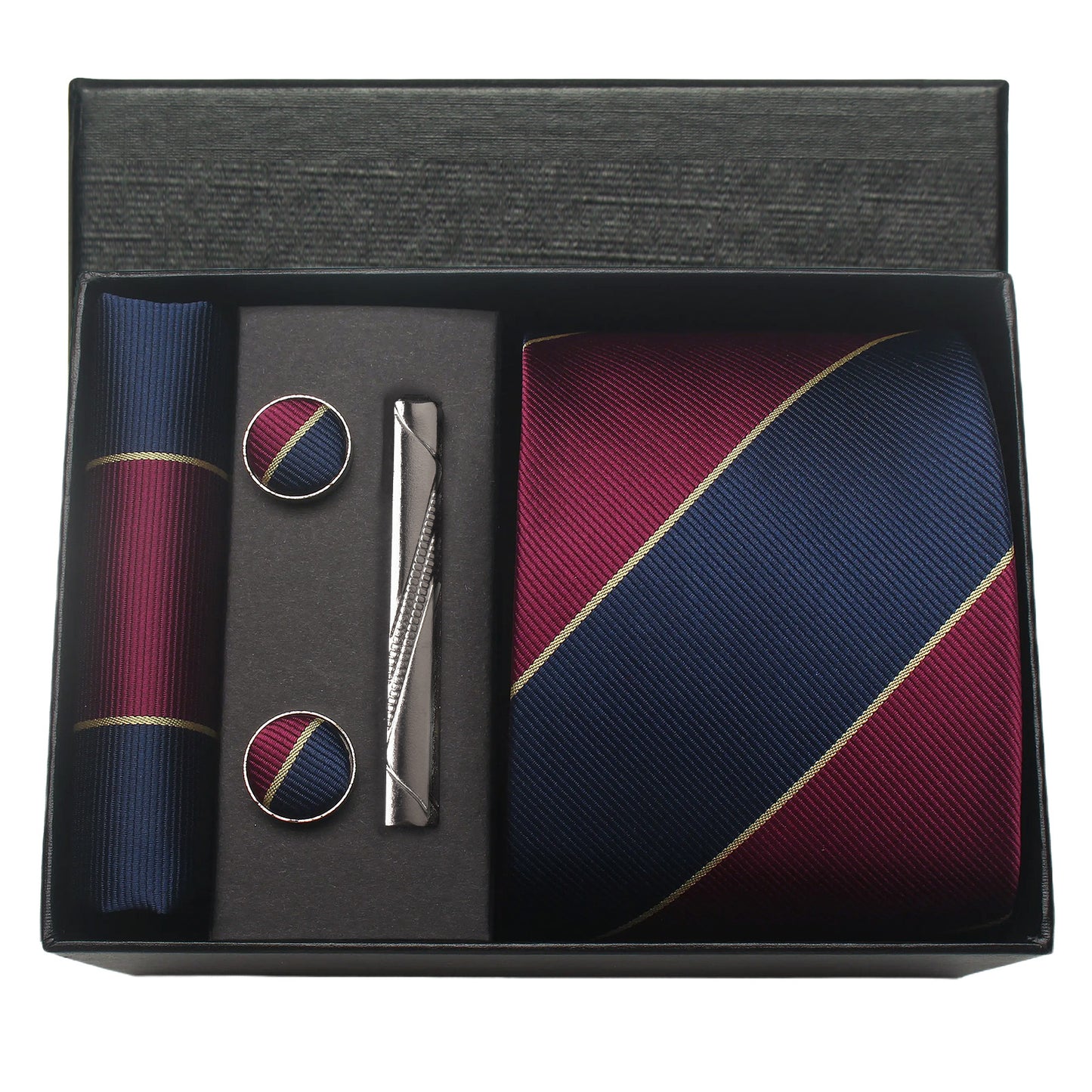 CWKOON Striped Red Navy Blue Mens Tie Formal Necktie Pocket Squares Ties Clips Cufflinks Classic for Men Gift Box Set