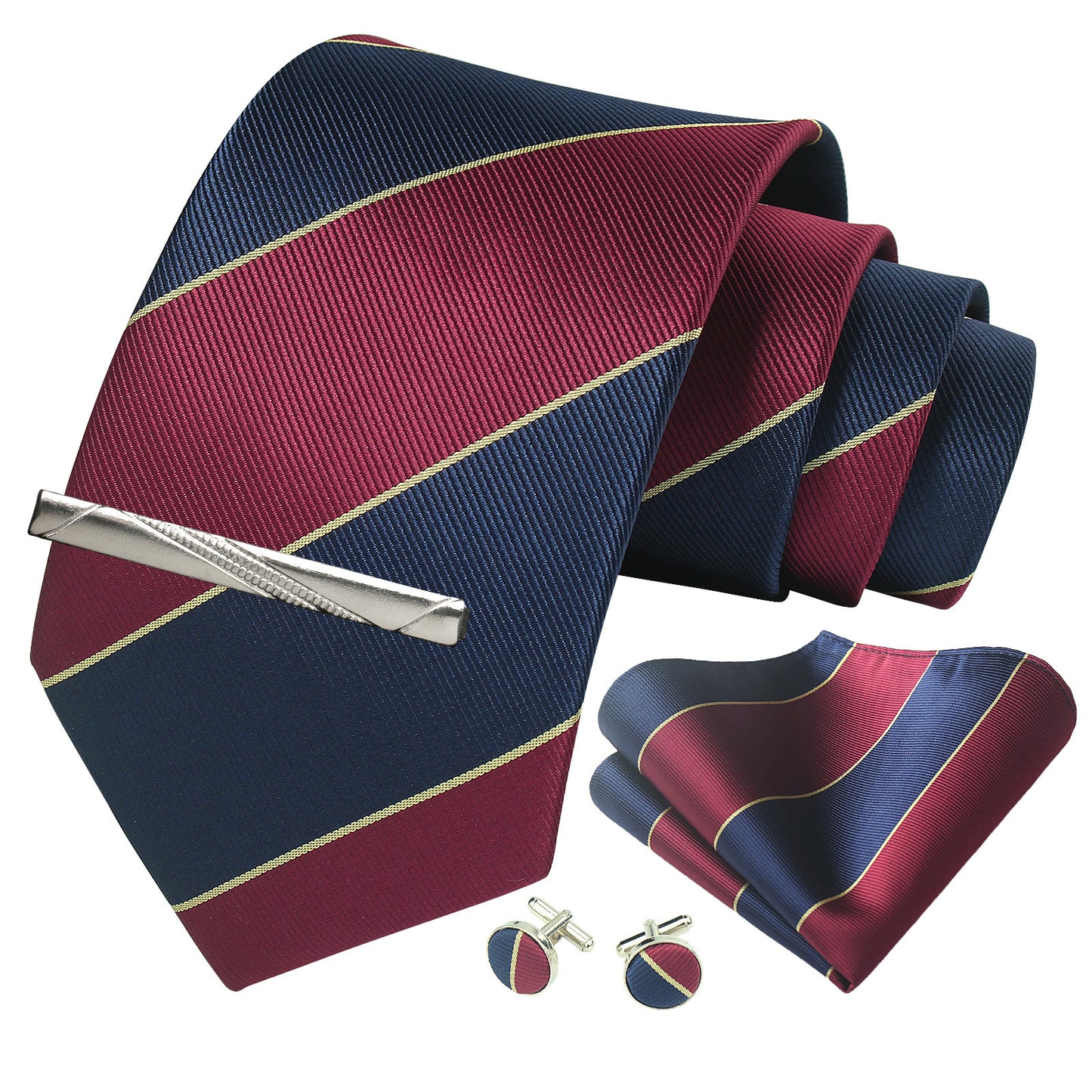 CWKOON Striped Red Navy Blue Mens Tie Formal Necktie Pocket Squares Ties Clips Cufflinks Classic for Men Gift Box Set