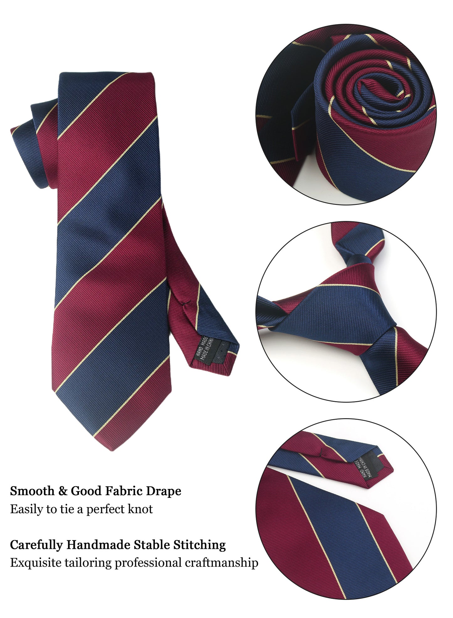 CWKOON Striped Red Navy Blue Mens Tie Formal Necktie Pocket Squares Ties Clips Cufflinks Classic for Men Gift Box Set