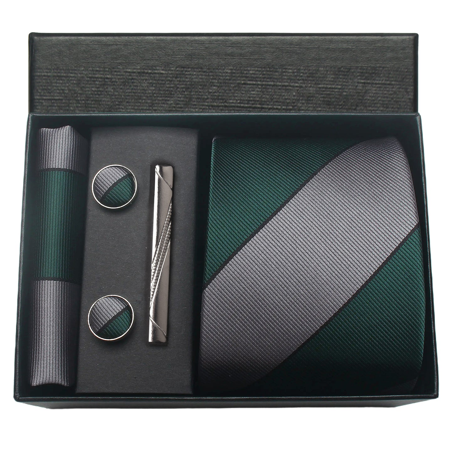 CWKOON Striped Green Grey Mens Tie Formal Necktie Pocket Squares Ties Clips Cufflinks Classic for Men Gift Box Set