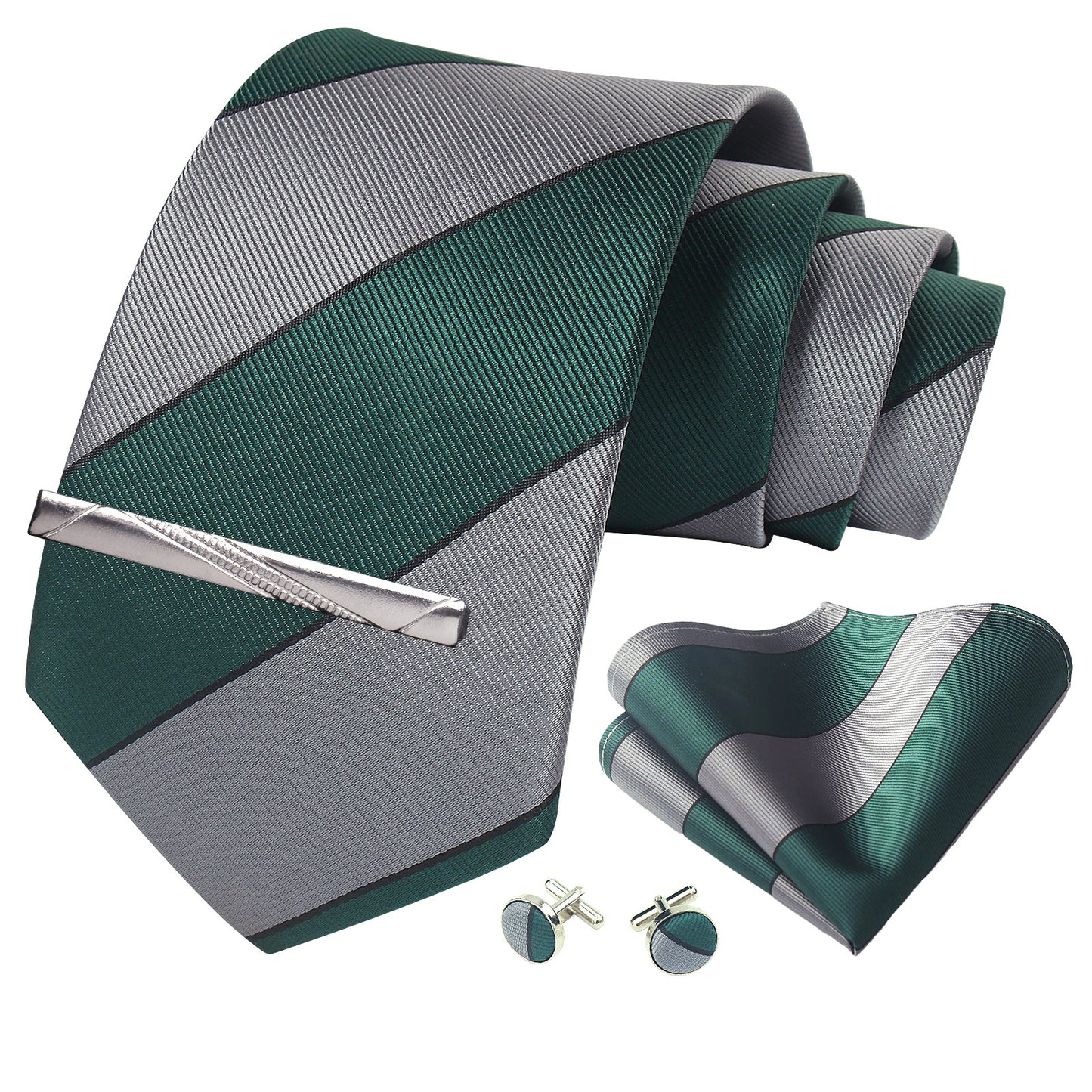 CWKOON Striped Green Grey Mens Tie Formal Necktie Pocket Squares Ties Clips Cufflinks Classic for Men Gift Box Set