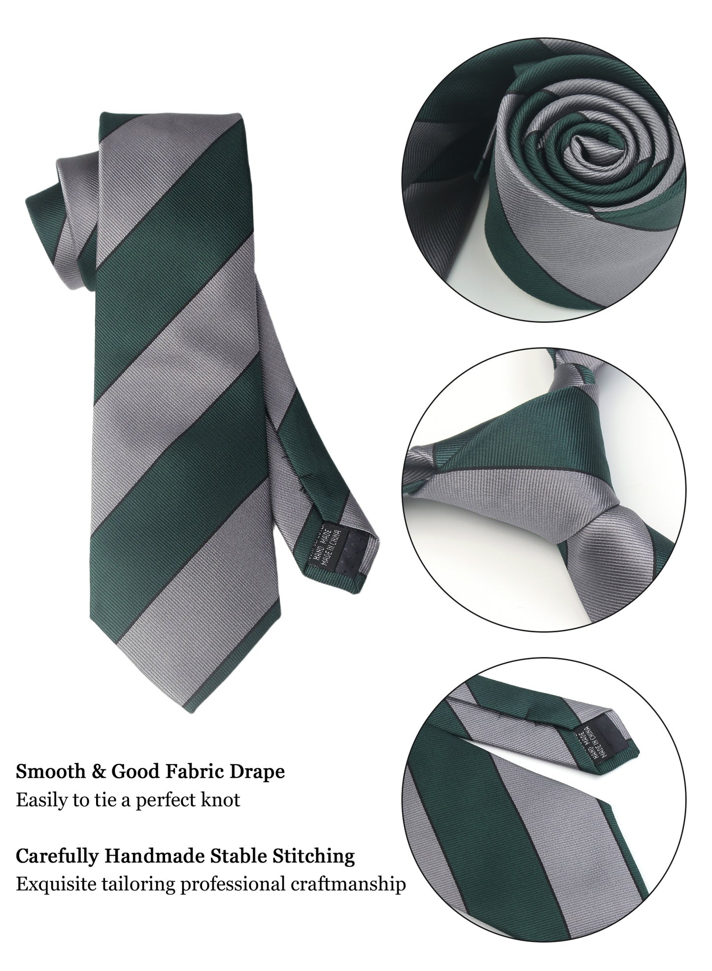 CWKOON Striped Green Grey Mens Tie Formal Necktie Pocket Squares Ties Clips Cufflinks Classic for Men Gift Box Set