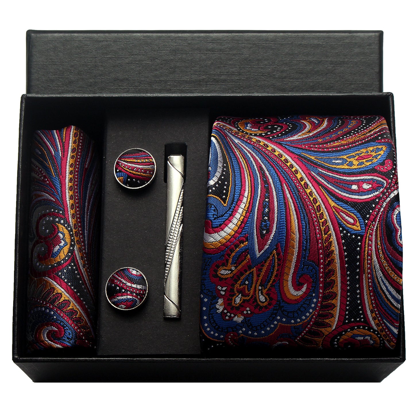 CWKOON Paisley Red Blue Orange Mens Tie Formal Necktie Pocket Squares Ties Clips Cufflinks Classic for Men Gift Box Set