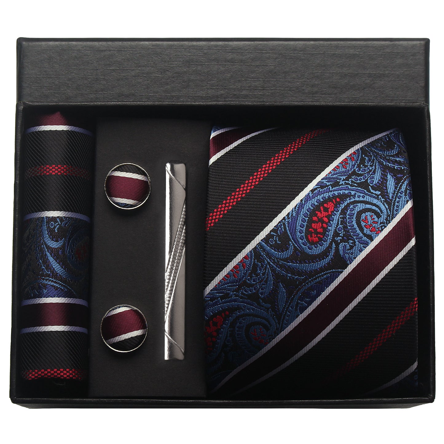 CWKOON Paisley Black Blue Mens Tie Formal Necktie Pocket Squares Ties Clips Cufflinks Classic for Men Gift Box Set