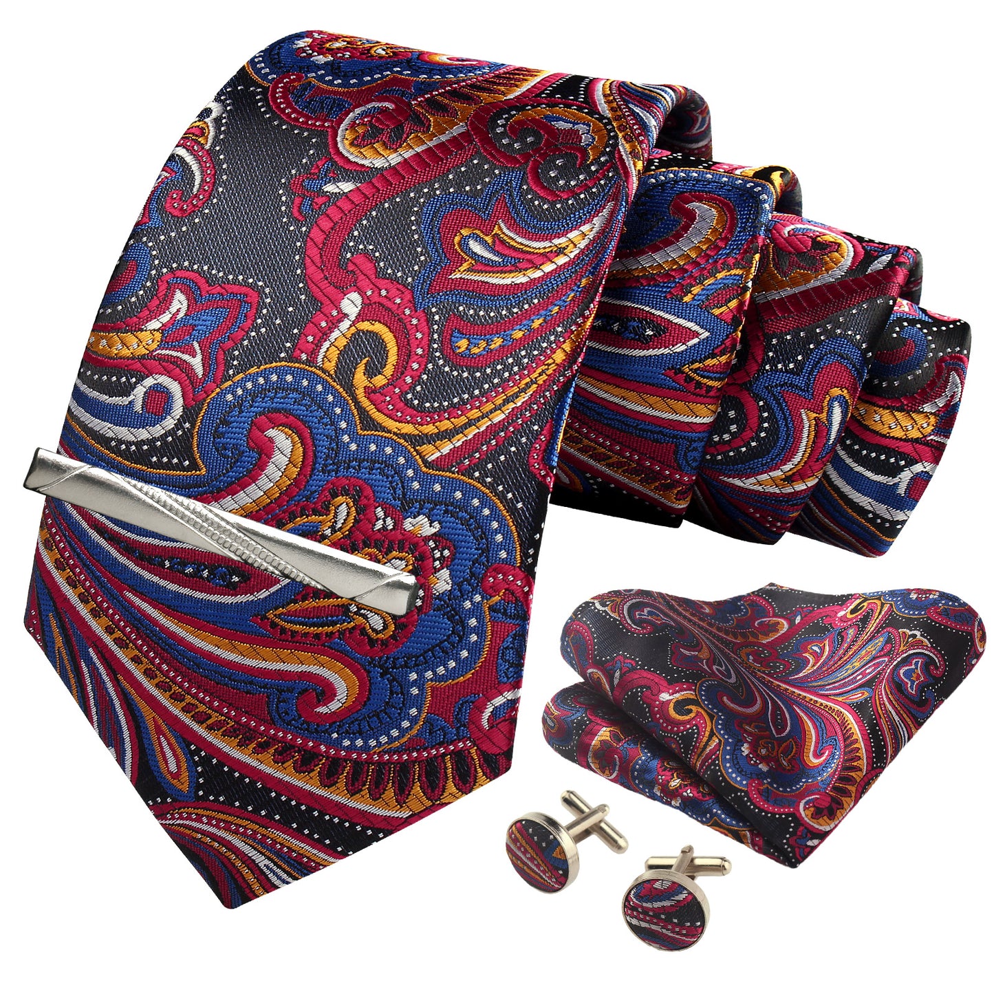 CWKOON Paisley Red Blue Orange Mens Tie Formal Necktie Pocket Squares Ties Clips Cufflinks Classic for Men Gift Box Set