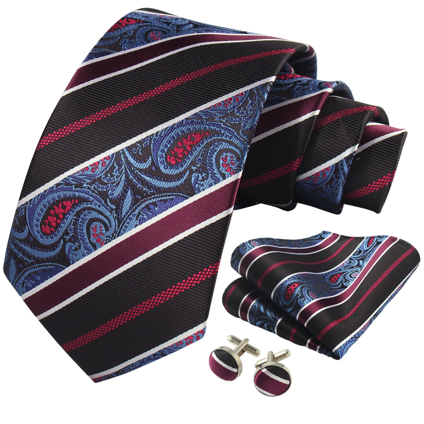 CWKOON Paisley Black Blue Mens Tie Formal Necktie Pocket Squares Ties Clips Cufflinks Classic for Men Gift Box Set