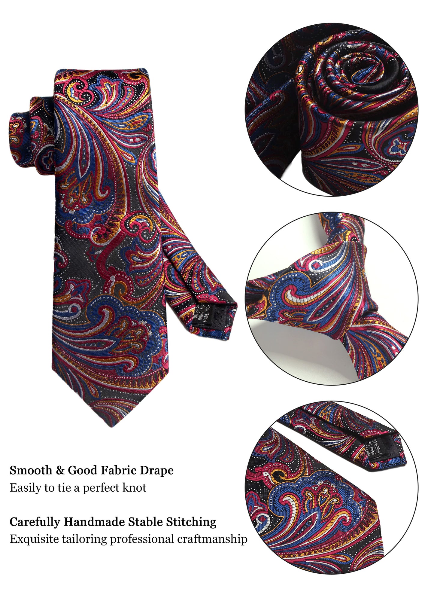 CWKOON Paisley Red Blue Orange Mens Tie Formal Necktie Pocket Squares Ties Clips Cufflinks Classic for Men Gift Box Set