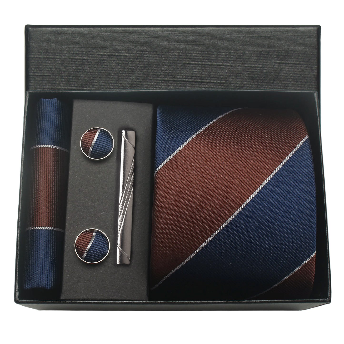 CWKOON Striped Navy Blue Brown Mens Tie Formal Necktie Pocket Squares Ties Clips Cufflinks Classic for Men Gift Box Set