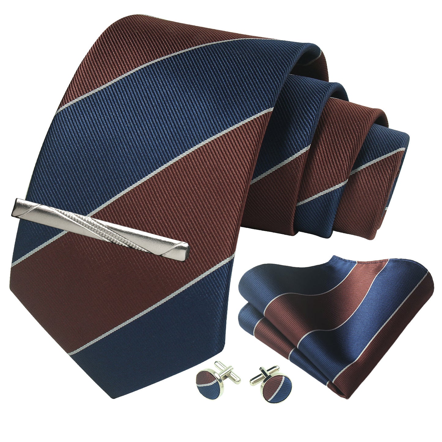 CWKOON Striped Navy Blue Brown Mens Tie Formal Necktie Pocket Squares Ties Clips Cufflinks Classic for Men Gift Box Set