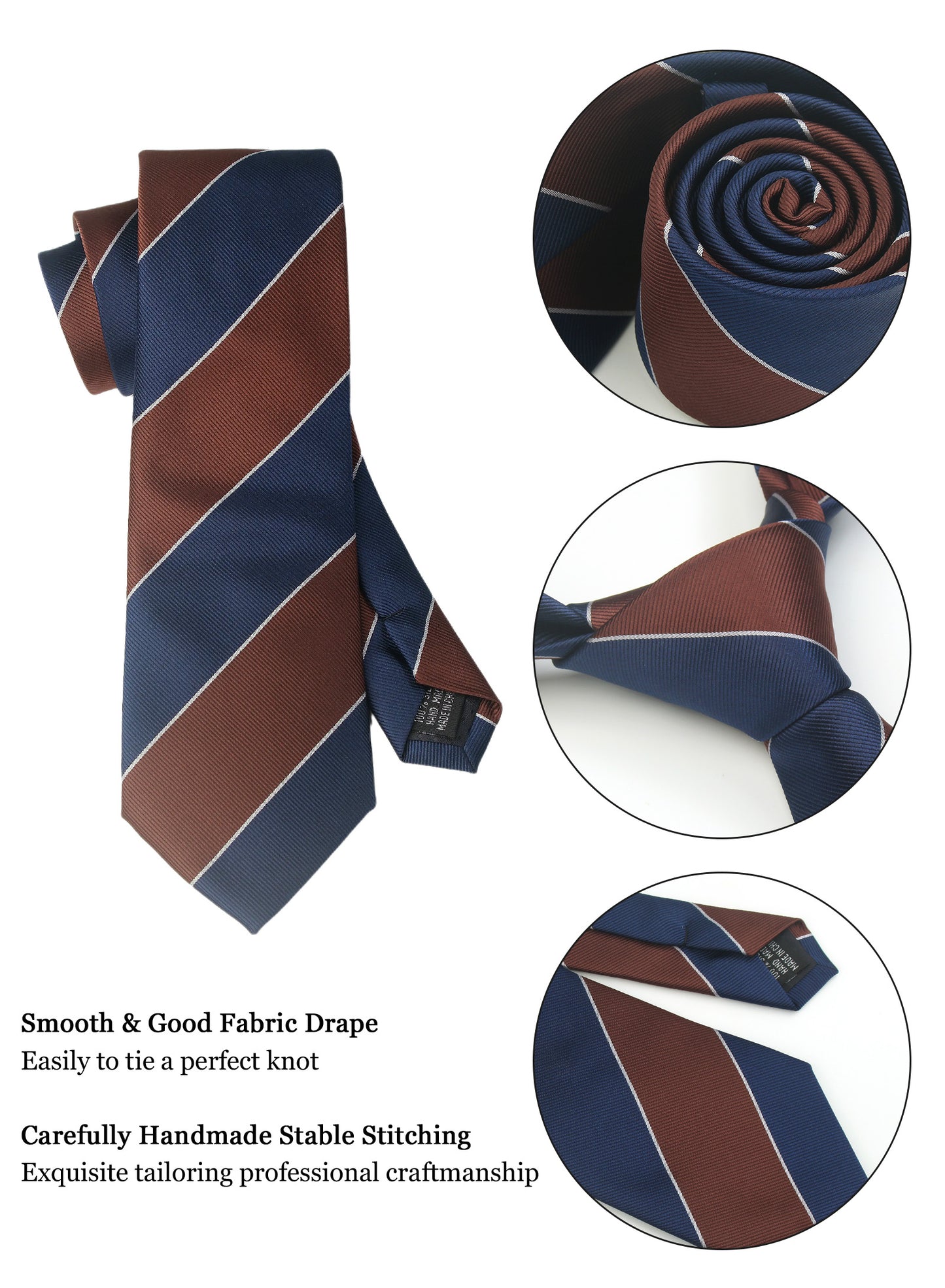 CWKOON Striped Navy Blue Brown Mens Tie Formal Necktie Pocket Squares Ties Clips Cufflinks Classic for Men Gift Box Set