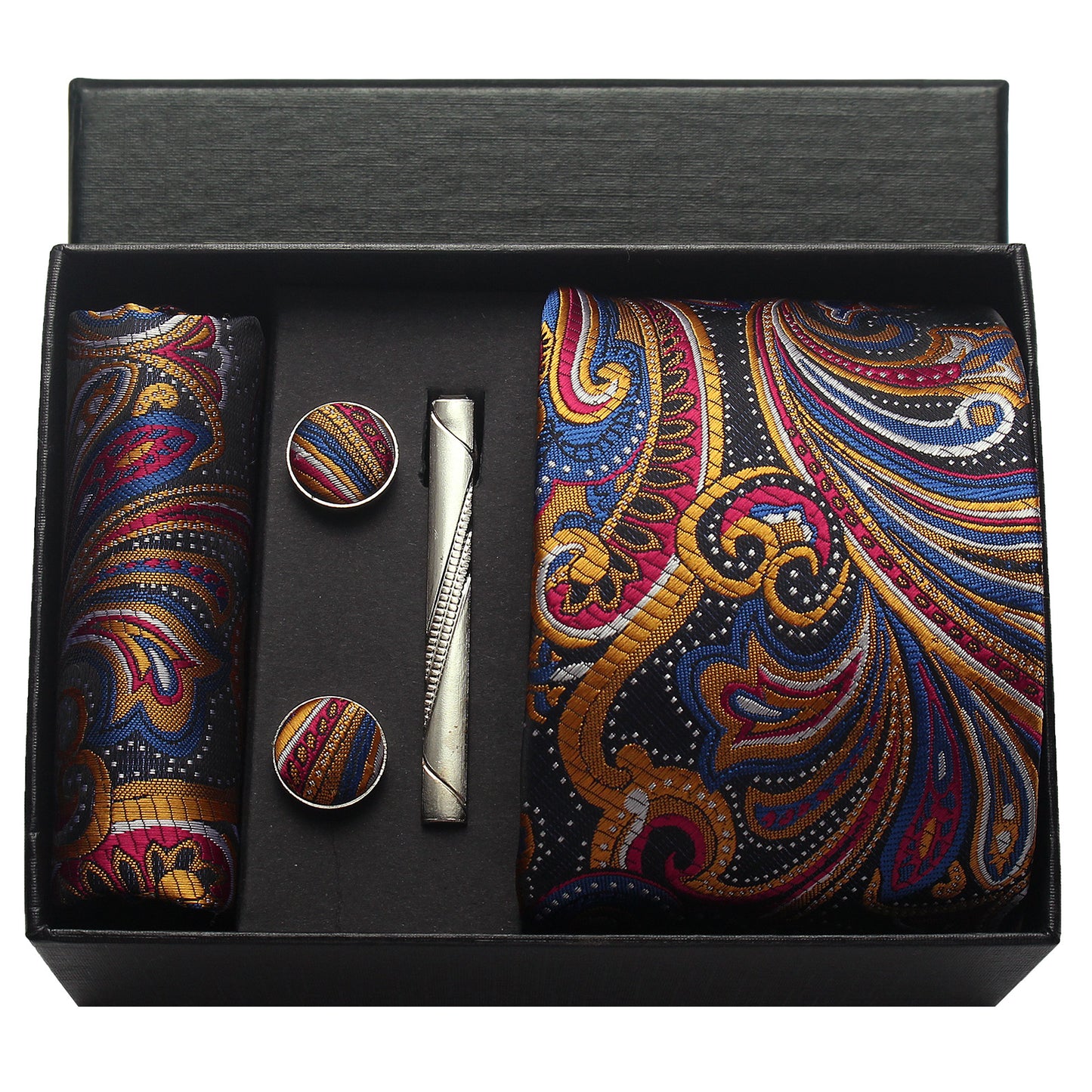 CWKOON Paisley Yellow Red Blue Mens Tie Formal Necktie Pocket Squares Ties Clips Cufflinks Classic for Men Gift Box Set