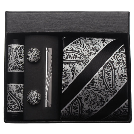 CWKOON Paisley Black White Mens Tie Formal Necktie Pocket Squares Ties Clips Cufflinks Classic for Men Gift Box Set