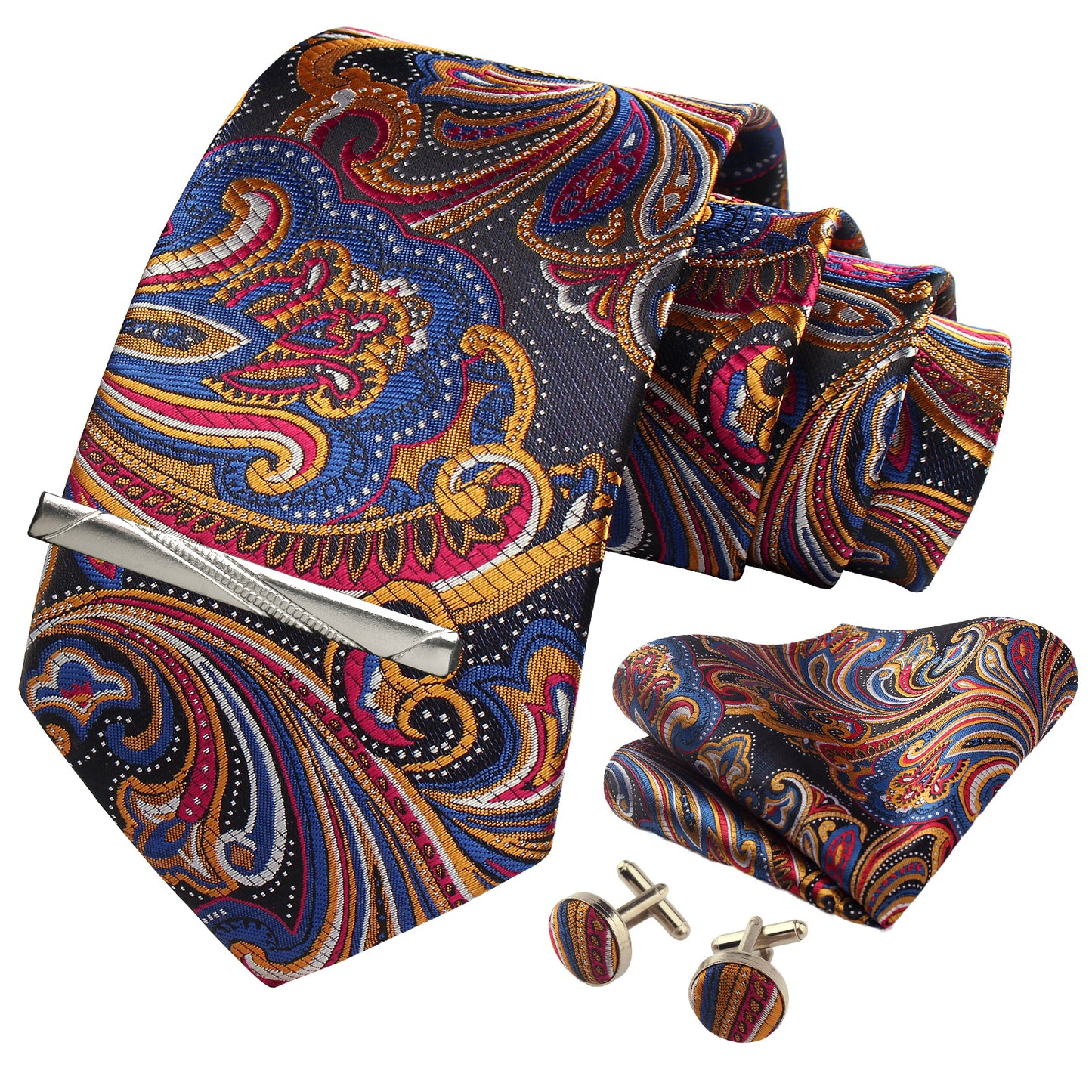 CWKOON Paisley Yellow Red Blue Mens Tie Formal Necktie Pocket Squares Ties Clips Cufflinks Classic for Men Gift Box Set