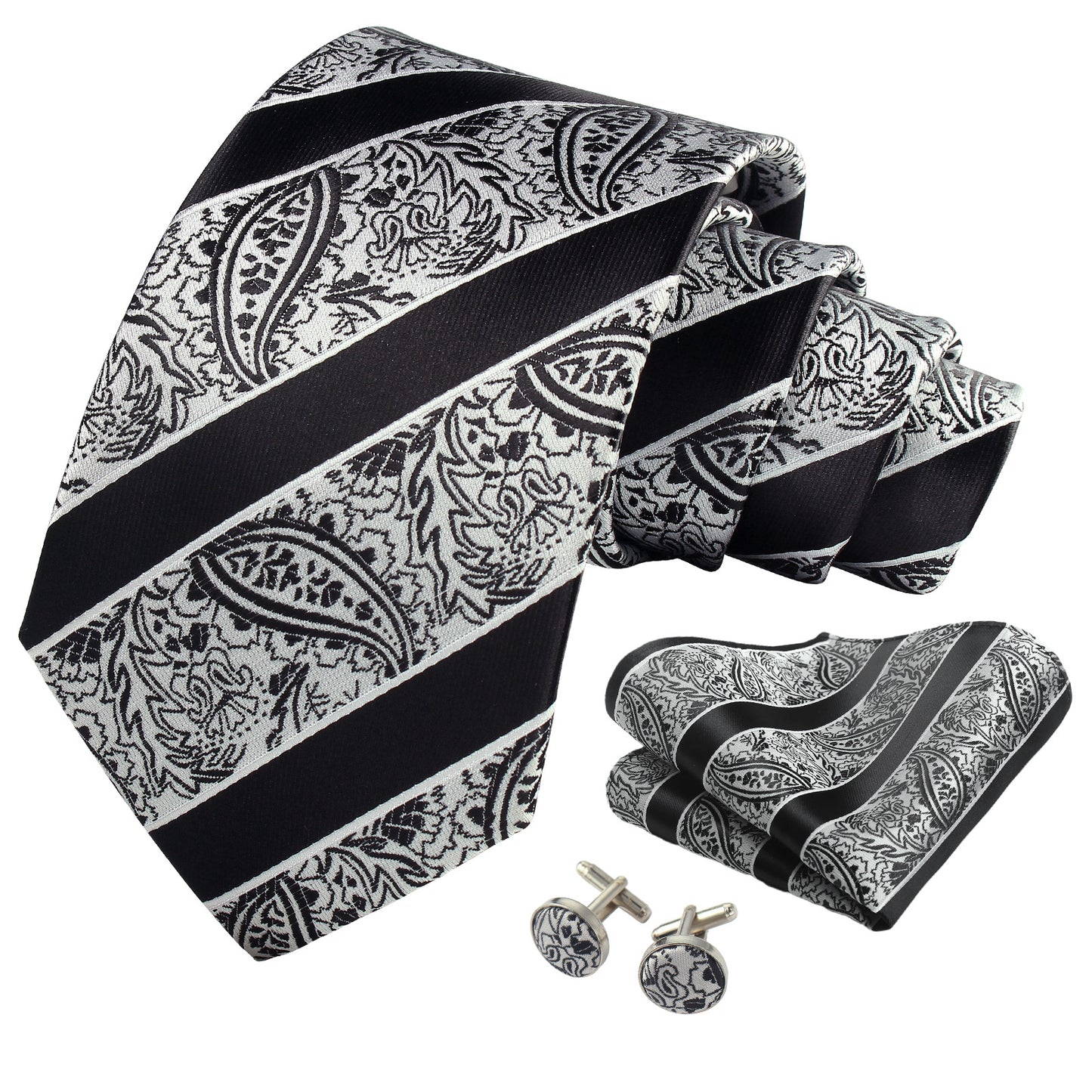 CWKOON Paisley Black White Mens Tie Formal Necktie Pocket Squares Ties Clips Cufflinks Classic for Men Gift Box Set