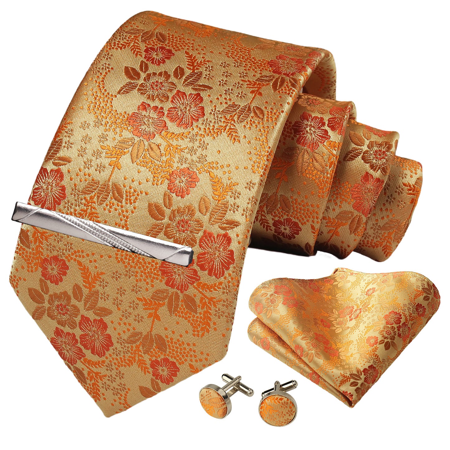 CWKOON Floral Orange Yellow Mens Tie Formal Necktie Pocket Squares Ties Clips Cufflinks Classic for Men Gift Box Set